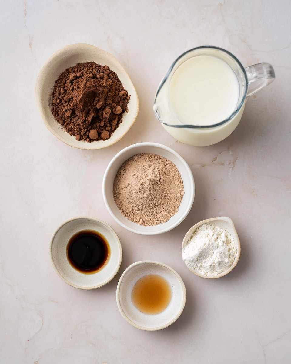 The image shows six small white ceramic bowls and a glass pitcher arranged on a white marbled surface. The top right clear glass pitcher is filled with white milk. Below it, a white ceramic bowl is filled with light brown powder. To the left, another white ceramic bowl contains a darker brown powder. Below these bowls, there are two small white ceramic bowls: one with a small amount of dark brown liquid and the other with a small amount of light amber liquid. At the bottom right, there is a small white ceramic bowl with some white powder inside. The setup looks neat and simple. photo taken with an iphone --ar 4:5 --v 7