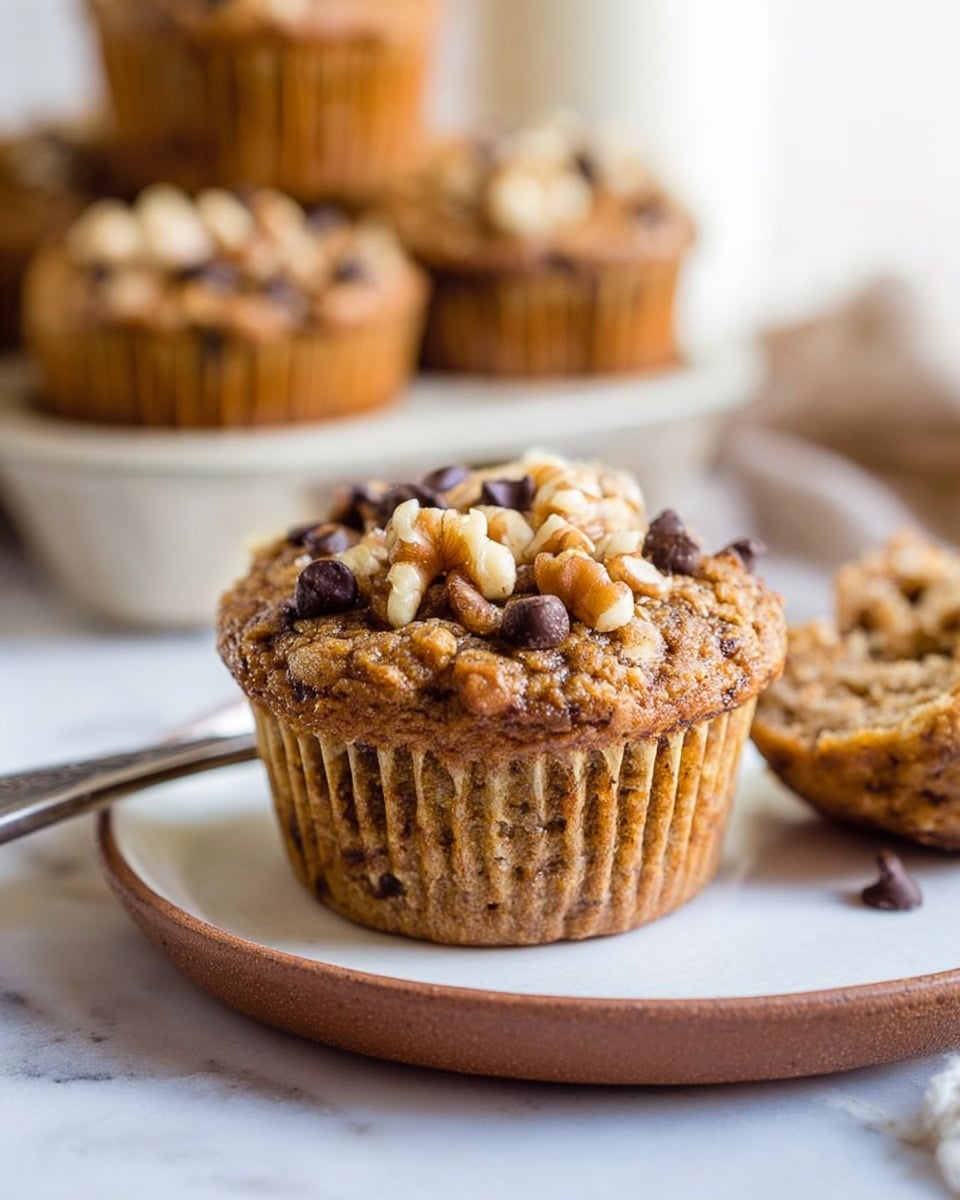 A single muffin sits on a white plate with a brown edge, placed on a white marbled surface. The muffin has one main layer, with a golden-brown texture and a slightly rough surface. It is topped with chopped light brown walnuts and small dark brown chocolate chips mixed evenly on top. In the background, more muffins are visible stacked in a container, slightly blurred, keeping focus on the front muffin. There is a piece of muffin with a soft, crumbly inside visible to the right. Photo taken with an iphone --ar 4:5 --v 7
