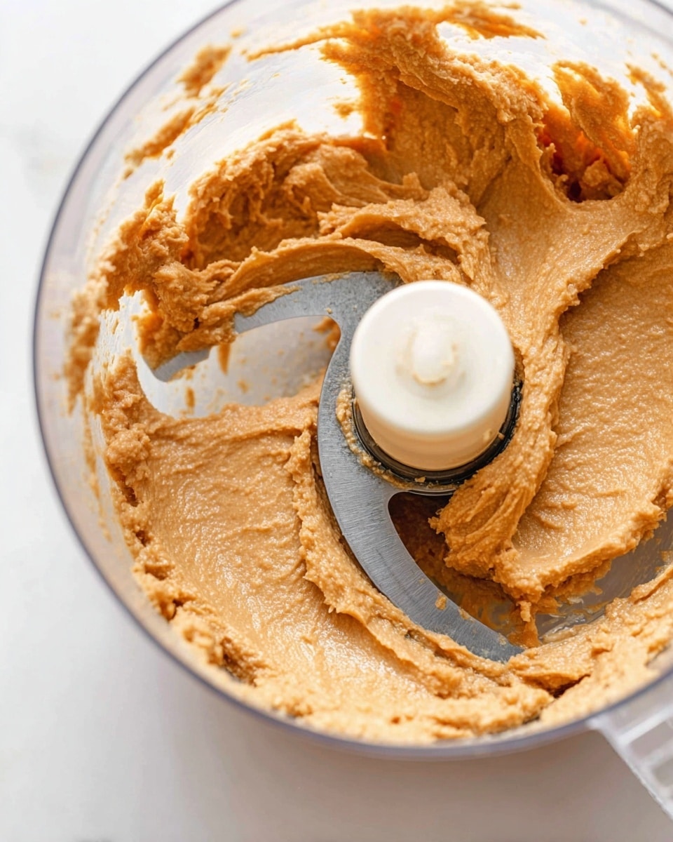 A close-up view of a clear food processor bowl filled with a thick, light brown paste with a slightly grainy texture that clings to the sides and the sharp metal blade in the center. The paste is spread unevenly around the bowl, showing soft peaks and rough ridges, and the inside of the bowl has some smears of the mixture. The white marbled background contrasts softly with the warm tones of the paste. Photo taken with an iphone --ar 4:5 --v 7