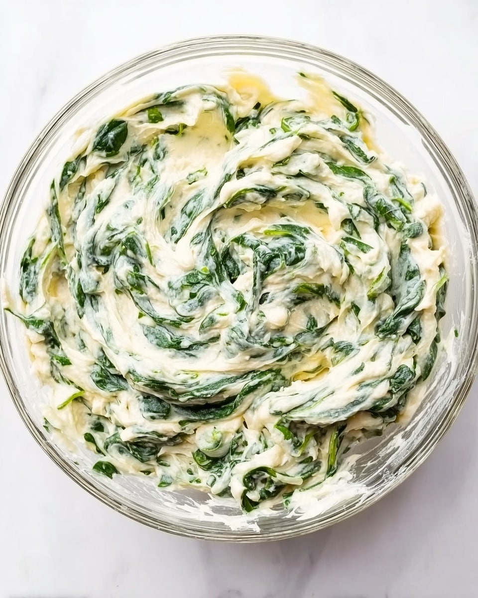A clear glass bowl filled with a creamy mixture that has swirls of green leafy spinach evenly spread throughout. The texture looks smooth and thick, with the green spinach leaves creating a contrast against the white creamy base. The mixture appears soft and well combined, showing visible folds and curls throughout. The bowl is placed on a white marbled surface, and the photo is taken with an iphone --ar 4:5 --v 7