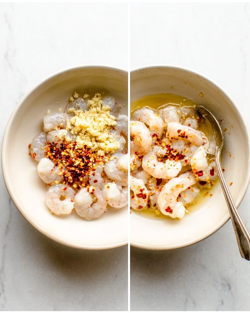 In a white bowl on a white marbled surface, a layer of raw shrimp is arranged in a circular pattern filling the bottom. On top of the shrimp, there are three separate small piles: minced white garlic, a yellowish ginger paste, and a sprinkling of red chili flakes, creating a mix of white, pale yellow, and red colors at the center. In the next image, the ingredients are mixed together, showing shrimp coated evenly with a pale sauce flecked with red chili bits. A silver spoon rests inside the bowl on the right side. Photo taken with an iphone --ar 4:5 --v 7