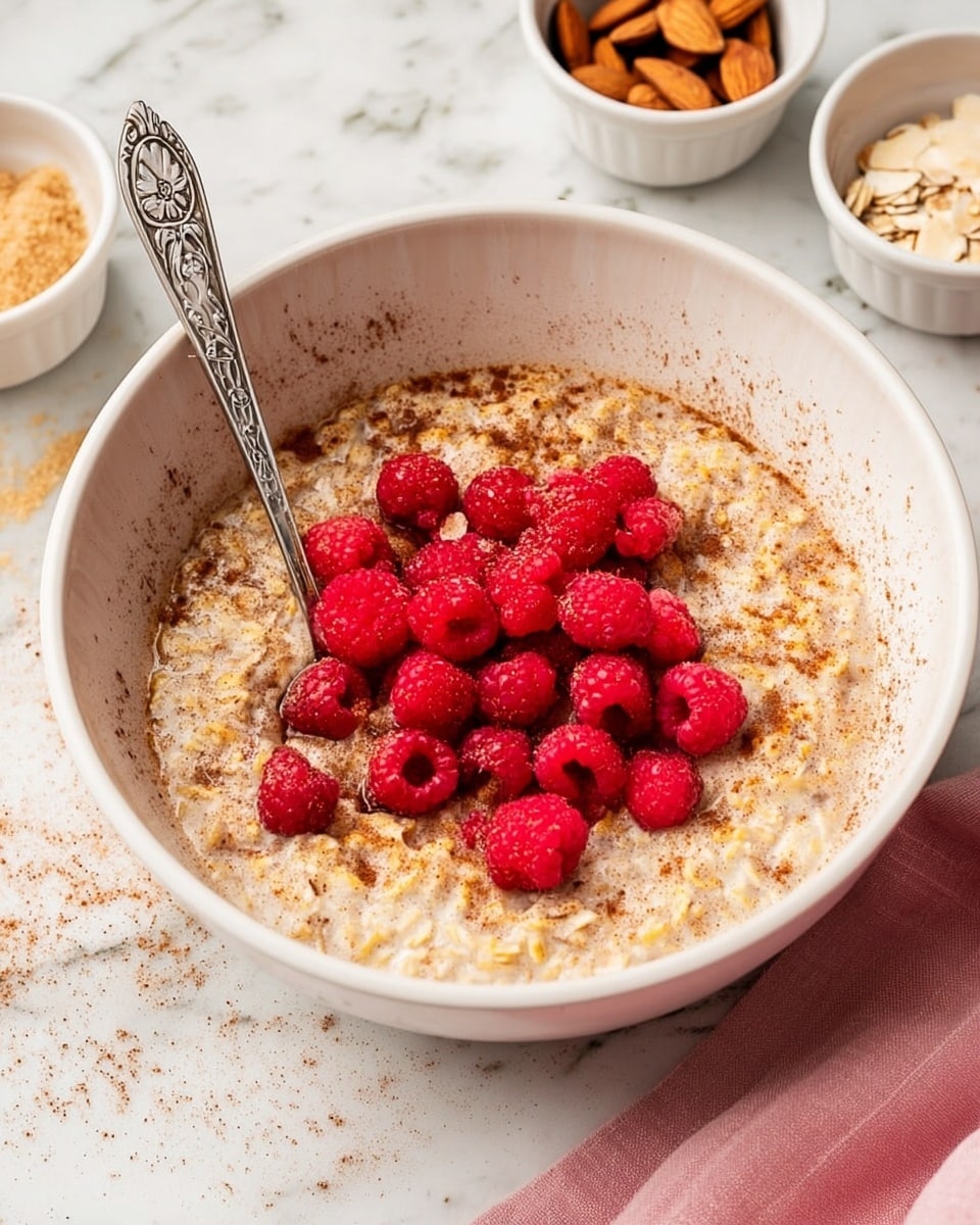 A white bowl filled with creamy oatmeal mixed with visible oats in a light beige color, sprinkled with a layer of cinnamon around the edges inside the bowl. On top of the oatmeal, there is a bright red pile of fresh raspberries, forming a central mound. A silver spoon with a decorated handle rests inside the bowl on the left side, partially submerged in the oatmeal. The bowl is placed on a white marbled surface with small white bowls holding brown sugar and almond slices nearby, and a pink cloth on the upper right corner. Photo taken with an iphone --ar 4:5 --v 7