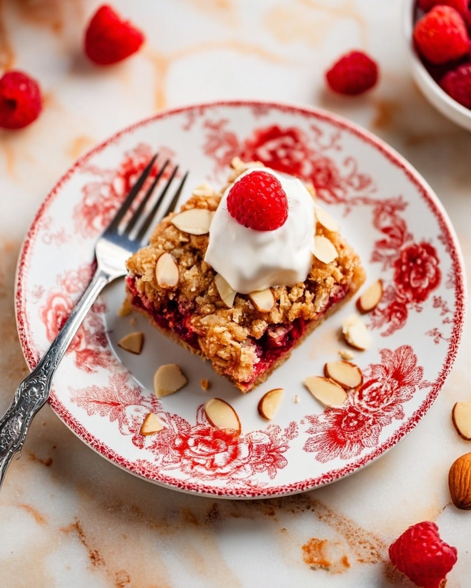 A square piece of raspberry dessert with a crumbly golden brown oat topping is placed in the center of a white plate with red floral patterns. The dessert shows visible bright red raspberries embedded inside, with some fresh raspberries around the dessert on the plate. On top of the dessert is a dollop of white cream with a smooth texture. Sliced almond pieces are scattered on and around the dessert. A silver fork rests on the left side of the plate. The setting is on a white marbled surface with a few raspberries and almond pieces scattered nearby. photo taken with an iphone --ar 4:5 --v 7