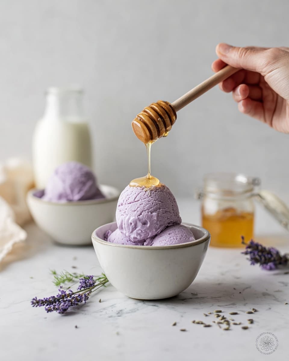 The image shows a white bowl with two scoops of light purple ice cream that looks smooth and creamy, placed on a white marbled surface. Above the ice cream, a woman's hand holds a wooden honey dipper dripping golden honey onto the top scoop. In the background, there is another white bowl with a scoop of the same purple ice cream, a glass bottle of milk, and a jar with a honey dipper inside. Some small purple flower sprigs and seeds are scattered on the surface near the bowl. The scene is bright and soft with a clean, minimalistic look. photo taken with an iphone --ar 4:5 --v 7