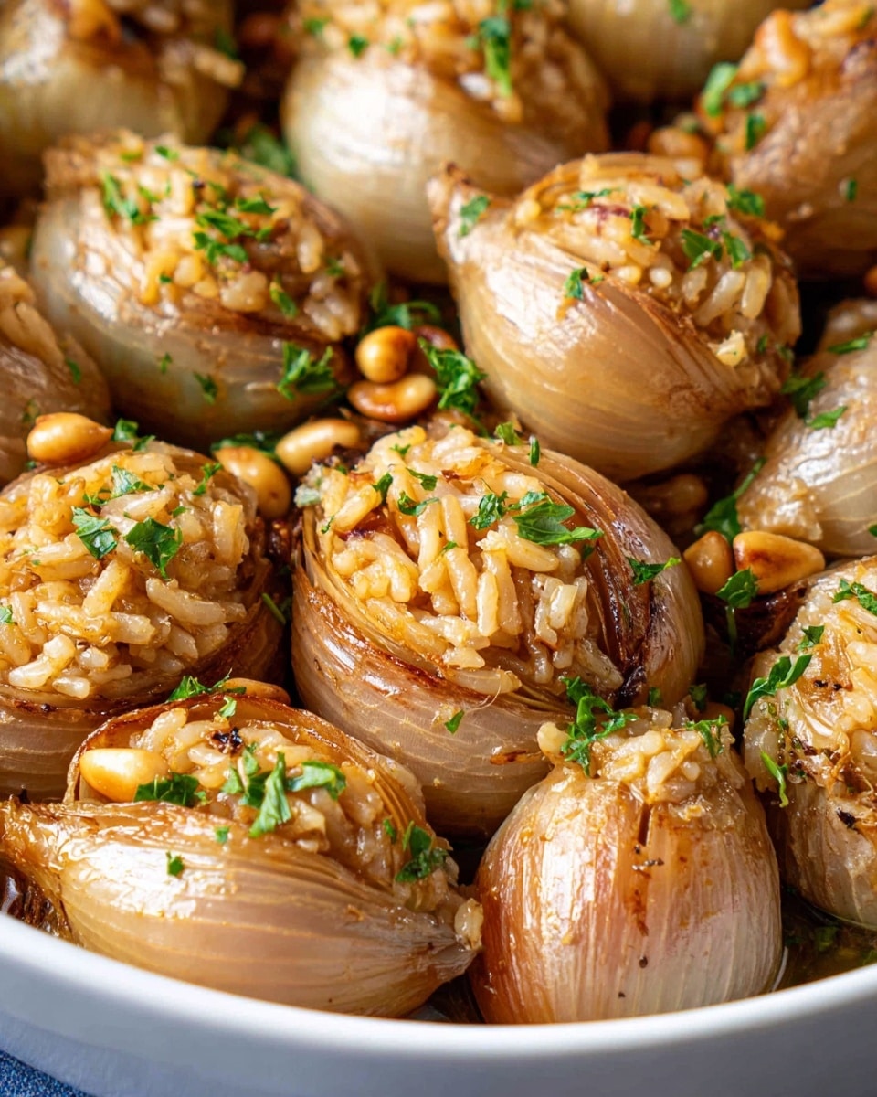 A close-up image showing many stuffed onions placed tightly together in a white bowl. Each onion is cooked to a soft, golden brown with a slightly shiny surface. The onions are cut open and filled with a light brown rice mixture, mixed with small pine nuts and garnished with chopped fresh green herbs scattered over the dish. The texture of the onions looks tender, with visible layers of the onion skin gently folding back to reveal the filling inside. Photo taken with an iphone --ar 4:5 --v 7