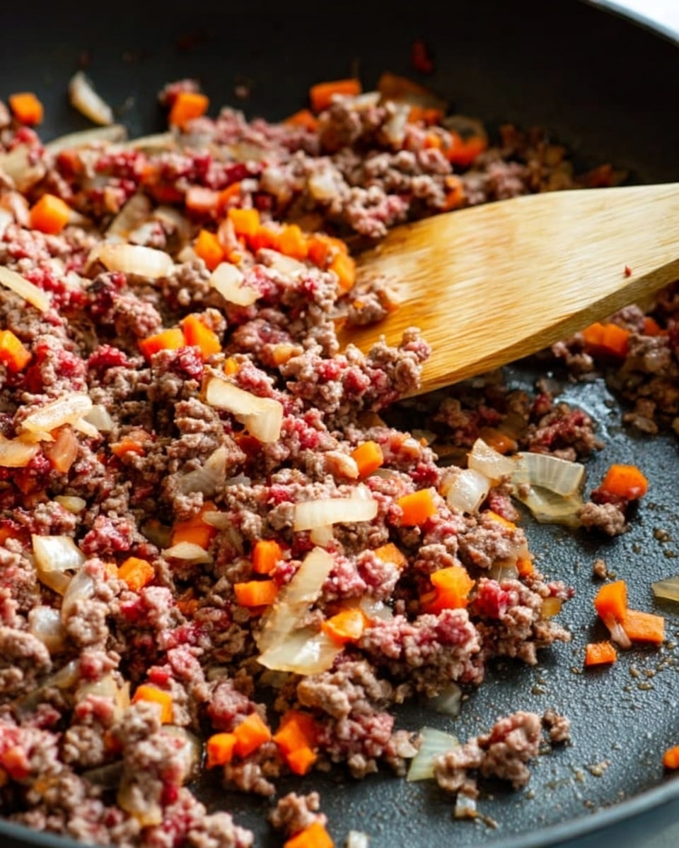 The image shows a close-up of a black skillet with a layer of cooked and partially cooked ground meat mixed with diced onions and small orange carrot cubes. The ground meat is brownish with some parts still pinkish-red, indicating it is in the middle of cooking. The onions are slightly translucent with some light browning, and the small carrot pieces are evenly scattered throughout. A light-colored wooden spatula is resting inside the skillet, touching the mixture. The background and surface are not visible clearly, focusing only on the skillet content. photo taken with an iphone --ar 4:5 --v 7