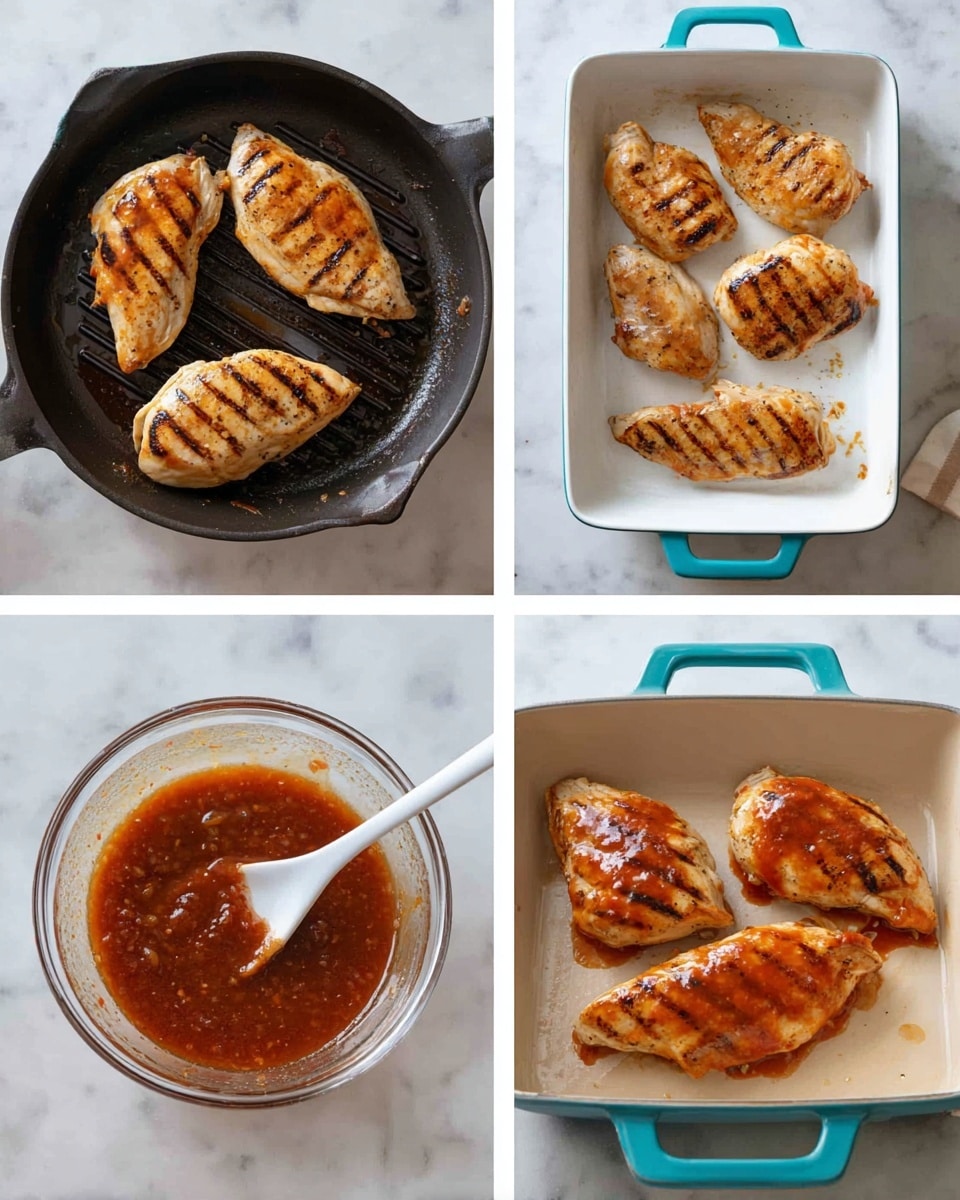 The image shows four steps of cooking chicken in a grid of four photos on a white marbled surface. The top left picture shows four cooked chicken pieces with golden brown grill marks placed evenly in a black skillet. The top right photo shows the same four cooked chicken pieces arranged inside a white rectangular baking dish with turquoise handles. The bottom left picture focuses on a small clear glass bowl filled with a thick, reddish-brown sauce, and a white spoon inside it resting on the edge. The bottom right photo shows the four cooked chicken pieces now covered in the reddish-brown sauce inside the same white baking dish with turquoise handles. photo taken with an iphone --ar 4:5 --v 7