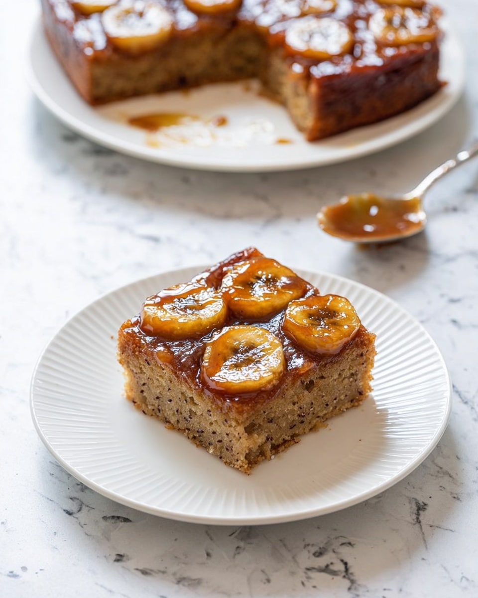 Banana Bread Cake Recipe 5 The image shows a square piece of banana cake on a white plate with ridged edges. The cake has two layers: a moist, light brown base with small dark specks in it, and a shiny, golden caramelized banana topping layer with round banana slices visible on top. Behind the plate is a larger white plate holding the rest of the cake with one piece missing. A spoon with caramel sauce rests near the larger plate. The background is a white marbled surface. Photo taken with an iphone --ar 4:5 --v 7