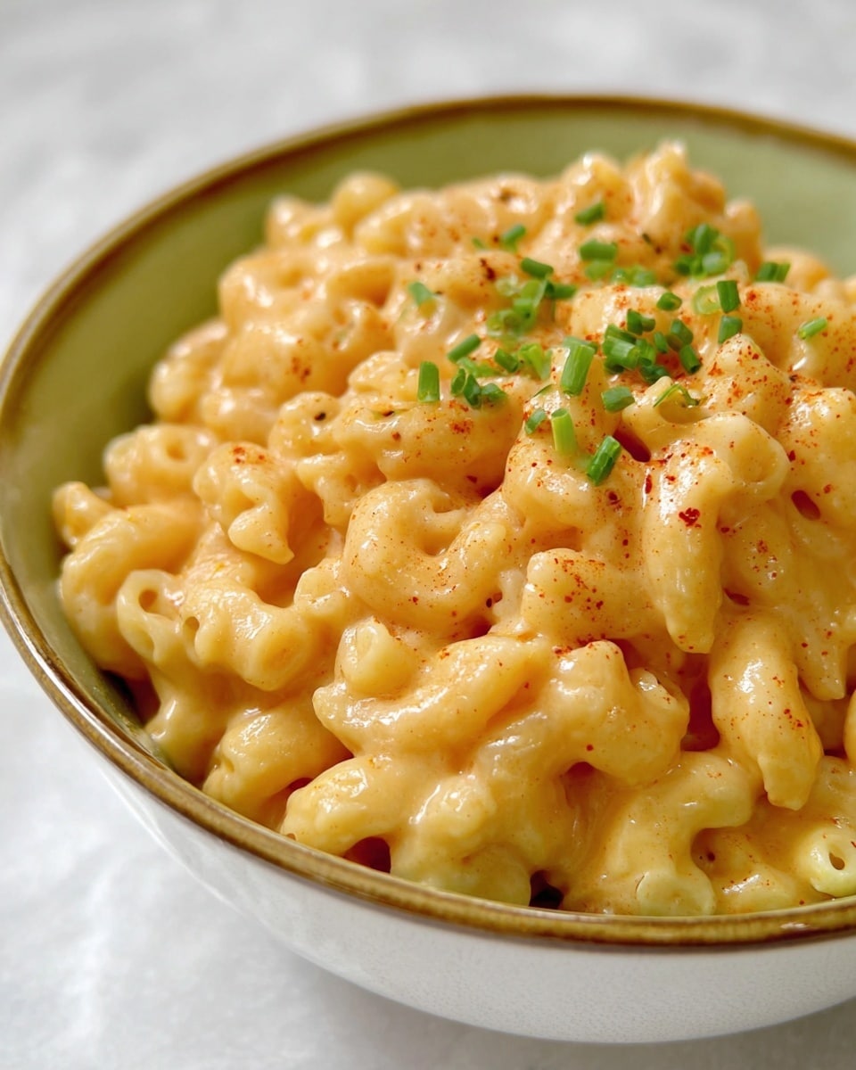 A close-up view of creamy macaroni and cheese served in a white bowl with a thin golden rim. The macaroni pasta is coated in a smooth, golden-yellow cheese sauce with tiny red specks, indicating mild seasoning. On the top, there are small green chopped herbs, likely chives, adding a fresh touch. The background is a white marbled texture. photo taken with an iphone --ar 4:5 --v 7