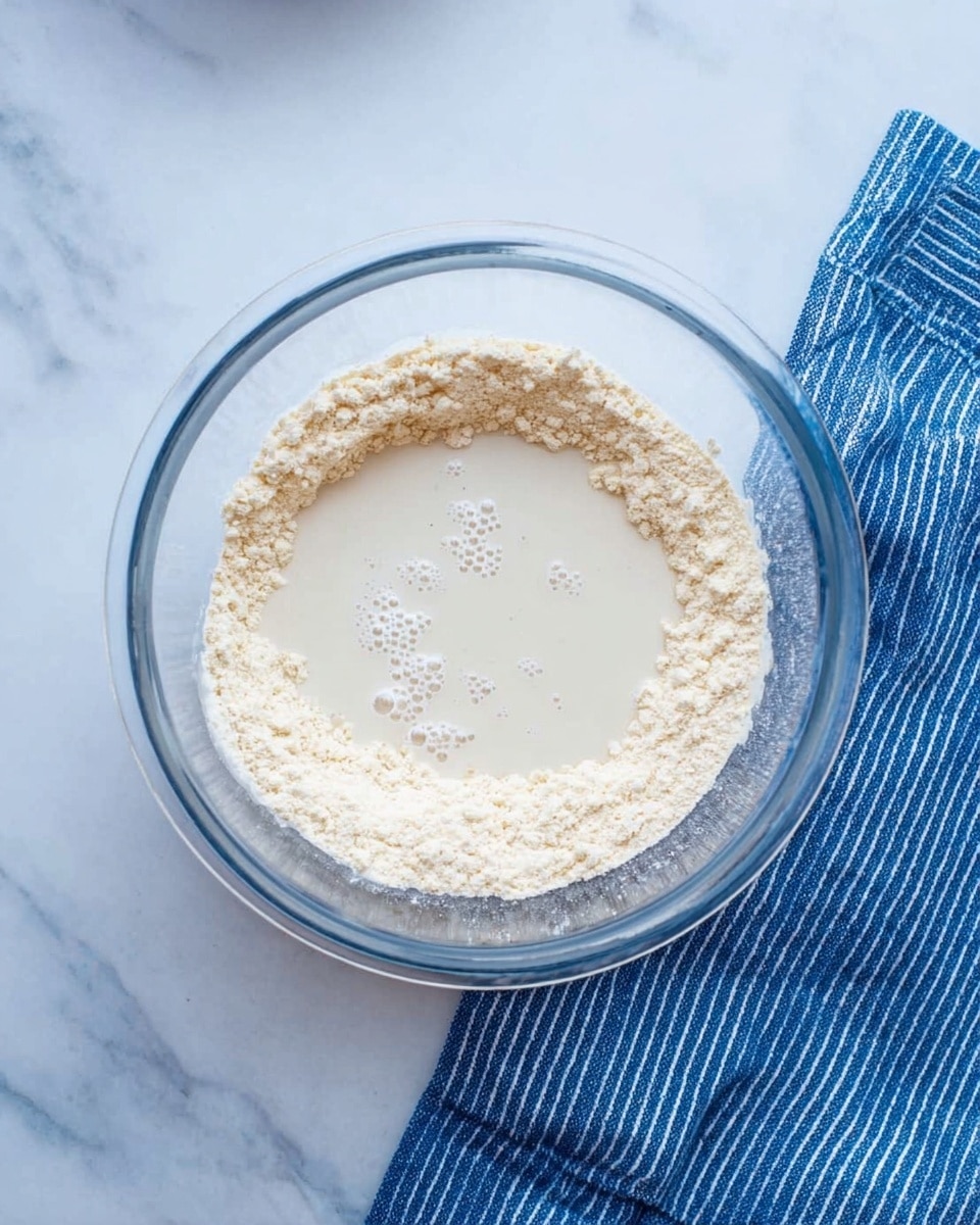 A clear glass bowl sits on a white marbled surface with a blue striped cloth to its right. Inside the bowl, there are two layers: the bottom layer is a ring of pale, crumbly flour forming a circular barrier near the edges, while the center holds a pool of smooth, off-white liquid with small bubbles on its surface. The overall scene is bright with soft shadows showing the texture of the flour and liquid. photo taken with an iphone --ar 4:5 --v 7