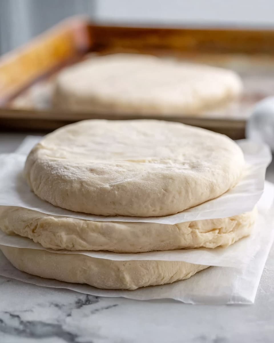 The image shows three uncooked round dough pieces stacked on top of each other with a piece of white parchment paper between each layer. The dough is pale beige in color with a soft and slightly uneven texture. The stack sits on a white marbled surface, and the edges of the dough are irregular but smooth. In the background, there is a blurred glimpse of a baking tray with a slightly rusty appearance. The light is soft, making the dough look fresh and ready to be cooked photo taken with an iphone --ar 4:5 --v 7