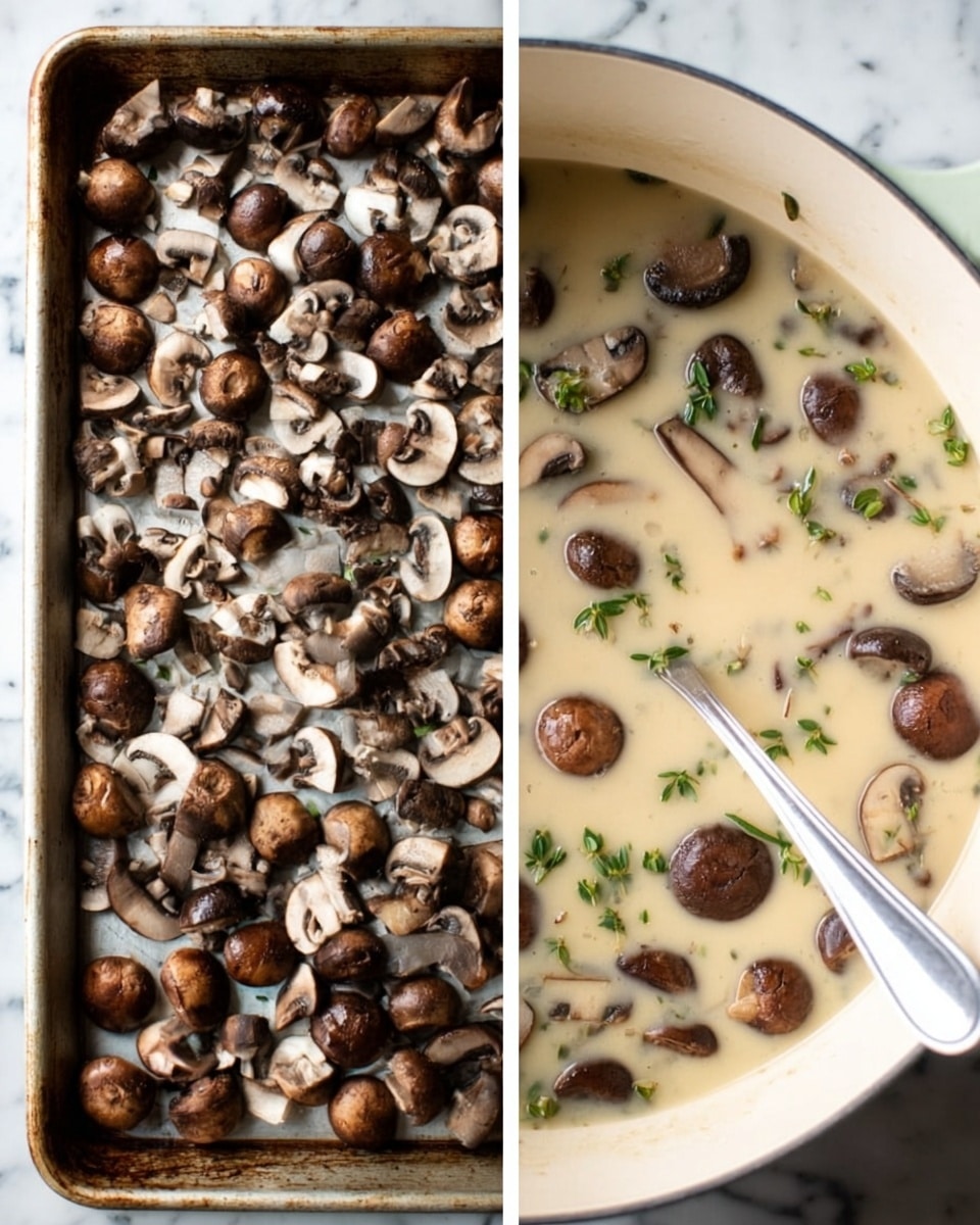 The image is divided into two vertical sections. On the left side, there is a white metal baking tray filled with chopped brown mushrooms, showing their dark brown tops and white undersides spread evenly across the tray, sitting on a white marbled surface. On the right side, there is a white pot filled with a creamy beige soup, with many small cooked brown mushrooms floating on top, and small green herb leaves scattered throughout the soup. A silver spoon is resting inside the pot, with its handle extending outwards. The setting is on a white marbled surface. Photo taken with an iphone --ar 4:5 --v 7