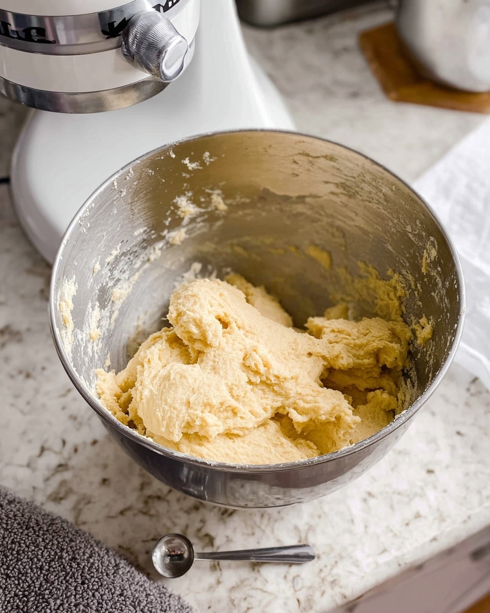 A metal mixing bowl filled with thick, light yellow dough that has a creamy texture, resting inside a white kitchen mixer on a white marbled countertop. Beside the bowl, there is a silver measuring spoon lying flat on the counter. The background shows the mixing machine's parts and part of a person's grey textured clothing near the bottom of the image. Photo taken with an iphone --ar 4:5 --v 7