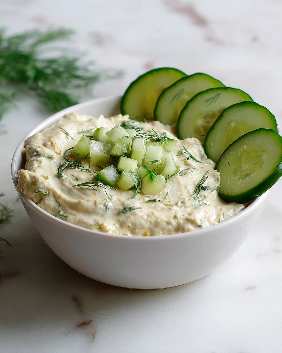 The image shows a white bowl filled with a thick, creamy dip that is beige with a slightly grainy texture. On top of the dip, there are small diced pieces of green cucumber scattered in the center with thin green herb sprigs, likely dill, mixed in. Thin cucumber slices with dark green edges and pale green inside are arranged on one side of the bowl, partly resting on the dip. The bowl sits on a white marbled surface with some fresh green herb sprigs blurred in the background. photo taken with an iphone --ar 4:5 --v 7