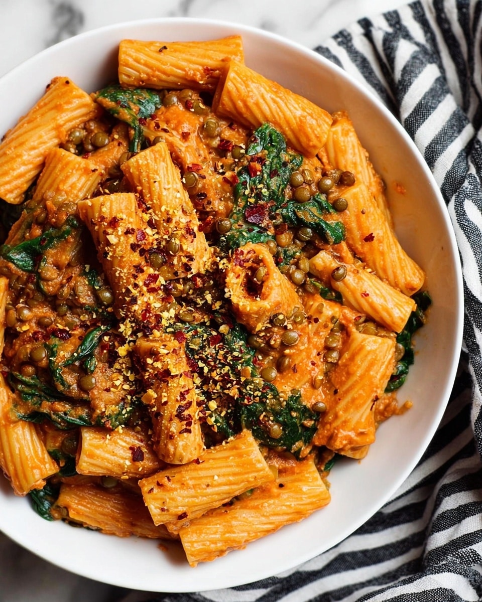 A white bowl filled with rigatoni pasta coated in a smooth orange-red sauce, mixed with green spinach leaves and brown lentils scattered throughout. The top layer is sprinkled with a mix of crushed dried herbs and red chili flakes, adding specks of green, yellow, and red on the pasta surface. The bowl sits on a white marbled texture surface with a black and white striped cloth partially visible underneath. The overall texture looks creamy with a slight shine on the pasta. photo taken with an iphone --ar 4:5 --v 7