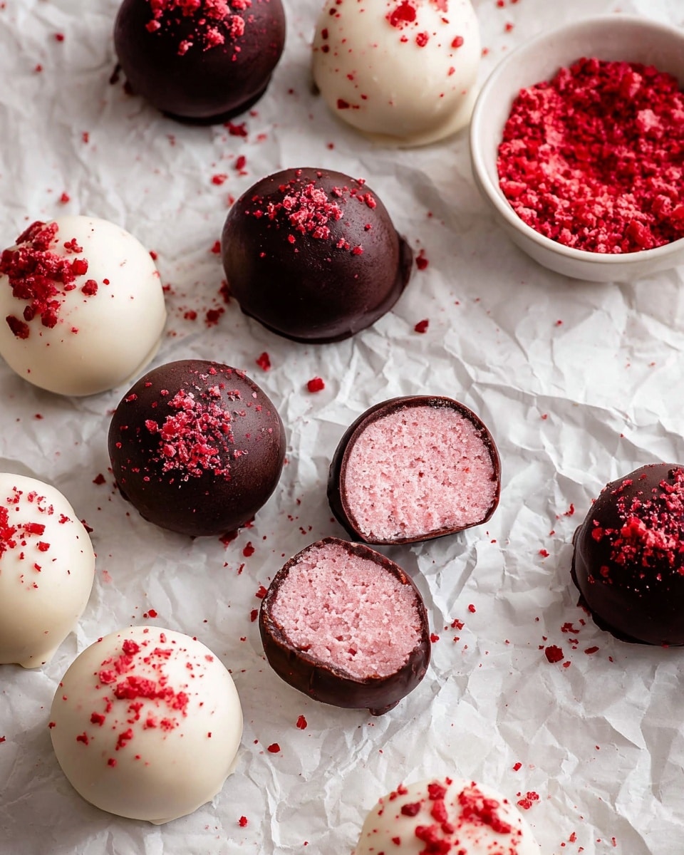 The image shows round chocolate truffles arranged on crumpled white paper on a white marbled surface. There are two types: some are covered in dark chocolate with a smooth, shiny texture topped with small red crumbles, and others are coated in white chocolate with a smooth finish, also sprinkled with red crumbles. Several truffles have been sliced to show their inside pink and creamy textured filling with tiny red specks. A small white bowl filled with red crumbles is placed on the top right. The scene is bright with soft, natural light. photo taken with an iphone --ar 4:5 --v 7