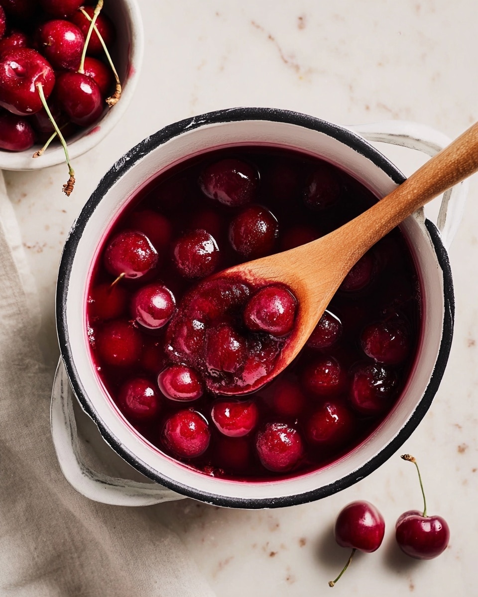 The image shows a white pot with a black rim filled with deep red cherries in liquid, some cherries are whole and others look soft or slightly broken. A wooden spoon rests inside the pot, partially lifting some cherries and red juice. The pot sits on a white marbled surface, and to the upper left a white bowl with whole red cherries is partially visible. Two whole cherries with stems are placed at the bottom right on the white marbled surface. photo taken with an iphone --ar 4:5 --v 7