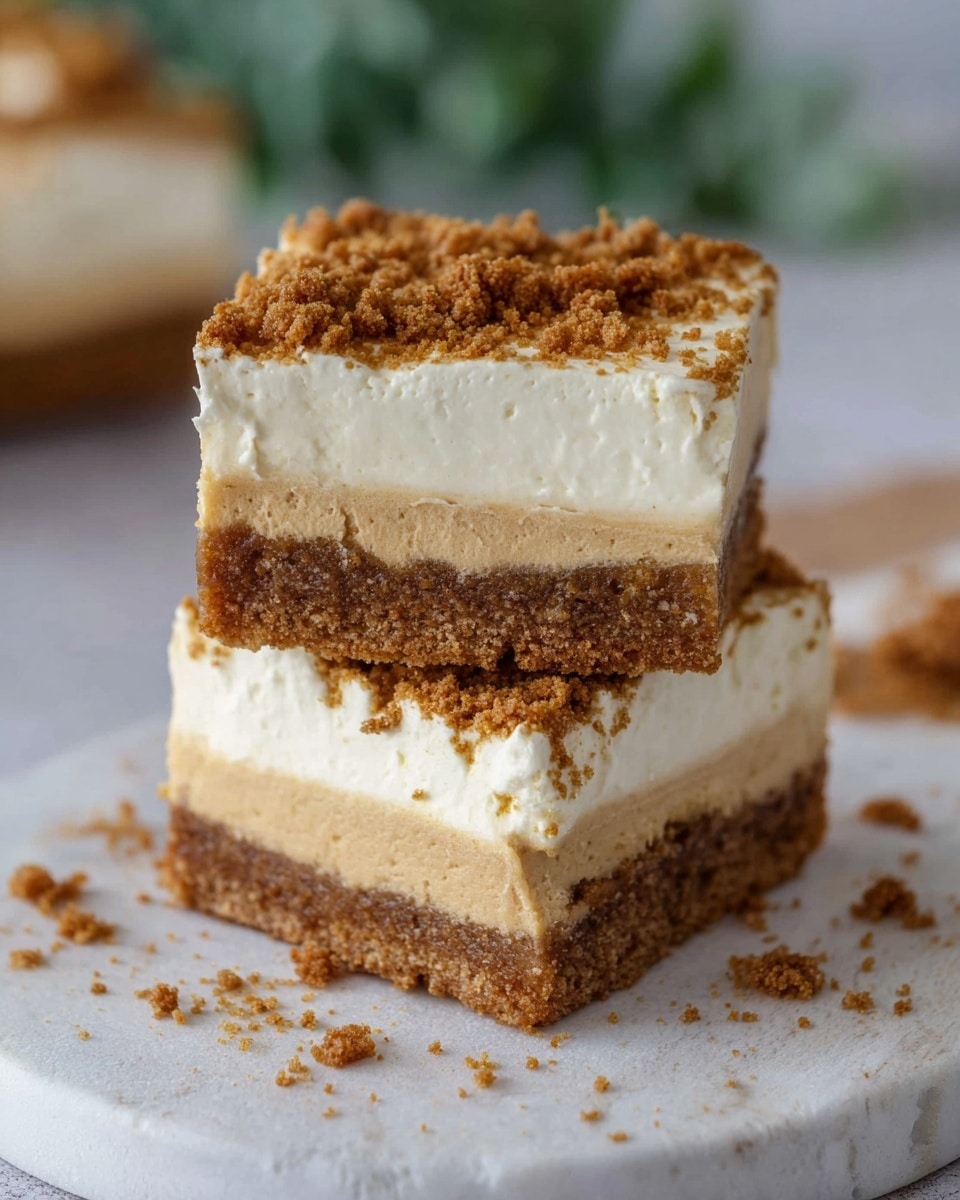 The image shows two square pieces of a creamy layered dessert stacked on a white round cutting board with a white marbled surface underneath. Each piece has three visible layers: the bottom layer is a dense, crumbly brown crumb base; the middle layer is a thick, light brown creamy filling with a soft texture; the top layer is a thin white creamy frosting covered with a generous amount of crushed brown crumbs scattered on top. The edges of the dessert appear smooth and firm, showing a clear division between each layer. The background is blurred with soft green tones. Photo taken with an iphone --ar 4:5 --v 7