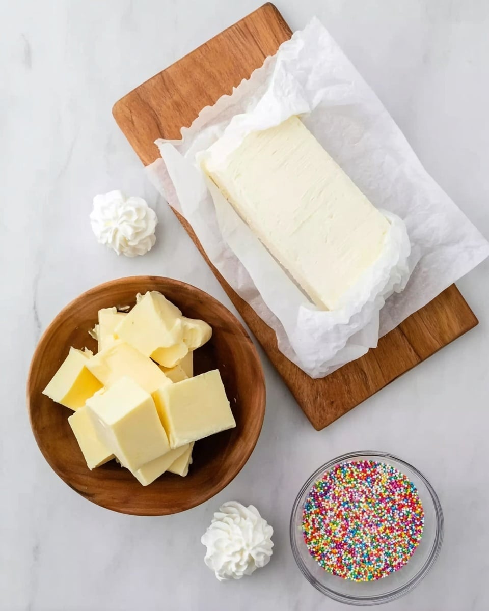 The image shows a white marbled surface with a wooden cutting board at the top holding a rectangular block of cream cheese wrapped in white paper. Below, there is a small clear bowl filled with colorful sprinkles. To the left, a wooden bowl contains several square pieces of pale yellow butter stacked loosely, and next to it is a small dollop of white whipped cream. The overall scene is bright and clean, with clear contrasts between the light colors and wooden elements. photo taken with an iphone --ar 4:5 --v 7