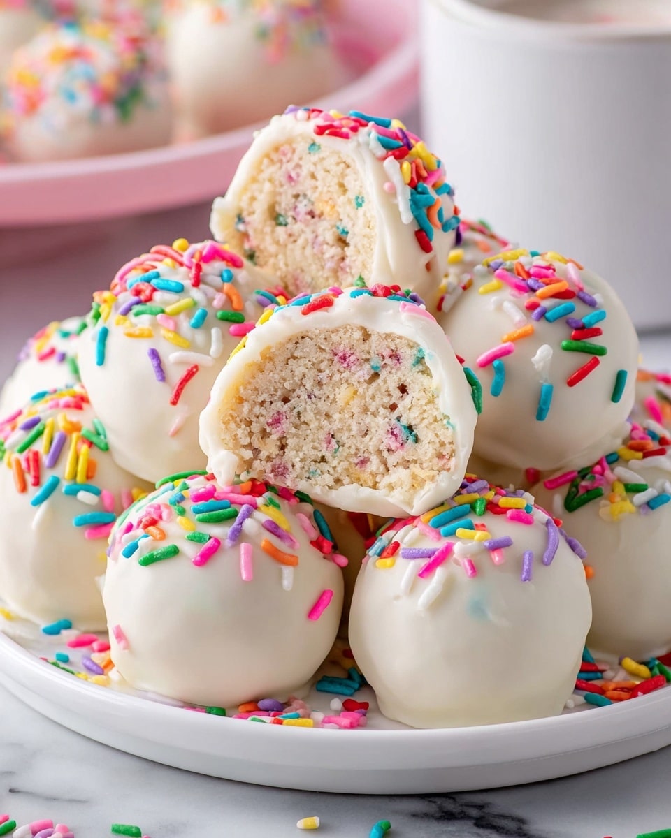 A group of round cake balls coated in smooth white chocolate is displayed on a white plate, each topped with colorful rainbow sprinkles. One cake ball is cut in half, showing a dense, crumbly inside with tiny bits of colored sprinkles mixed in. The cake balls are piled together on the plate, creating a soft, festive look with the bright sprinkles contrasting against the white coating and the white marbled surface below them. A blurred white cup is in the background. Photo taken with an iphone --ar 4:5 --v 7
