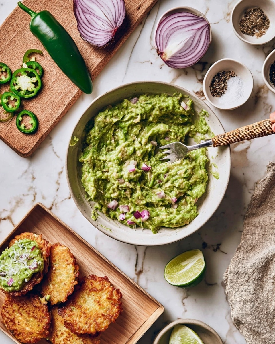 The image shows a white bowl filled with chunky green guacamole mixed with small pieces of purple-red onion. A fork with a light brown woven handle is resting inside the bowl, slightly covered with the guacamole. Nearby on a white marbled surface is a wooden board holding a whole green chili, sliced green chili rings, some coarse salt in a small white bowl, black pepper in another small white bowl, two halves of a purple-red onion, and a half lime. At the bottom left corner, three golden brown hash browns are placed on a light wooden tray, one topped with a thick layer of guacamole and a few small onion pieces. A squished half lime is on a white plate next to the board. A woman's hand is not visible but implied in the scene, suggesting food preparation. The background is a white marbled texture, and there is a neutral beige cloth visible near the bowl. photo taken with an iphone --ar 4:5 --v 7