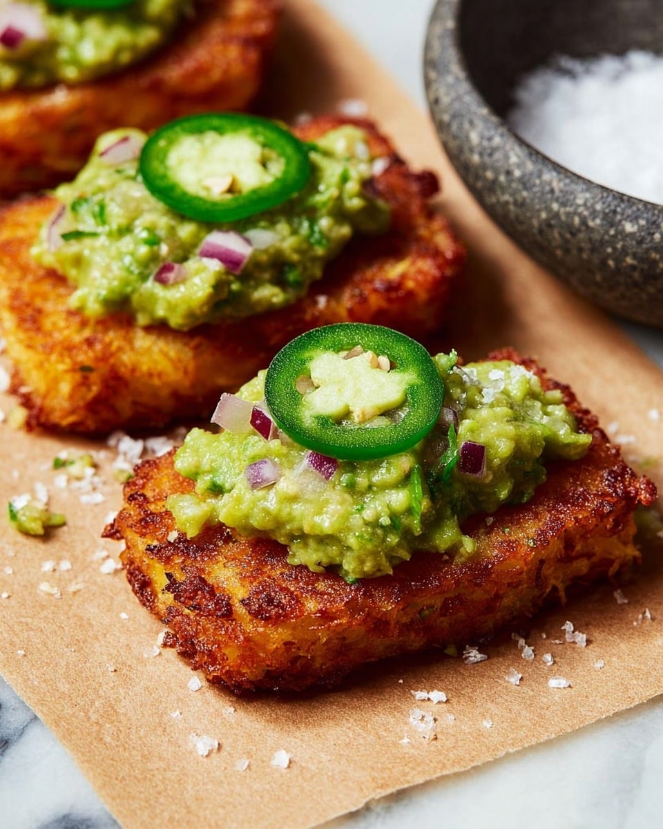 The image shows a close-up of three small rectangular golden brown crispy hash browns lined up on a beige paper. Each hash brown is topped with a green chunky guacamole spread containing visible pieces of avocado and finely chopped red onion. On top of the guacamole, there is one round green jalapeño slice in the middle of each piece. Coarse salt crystals are sprinkled around and on the toppings. In the background on the right, there is a portion of a dark gray stone bowl filled with white salt. The whole scene is set on a white marbled surface photo taken with an iphone --ar 4:5 --v 7