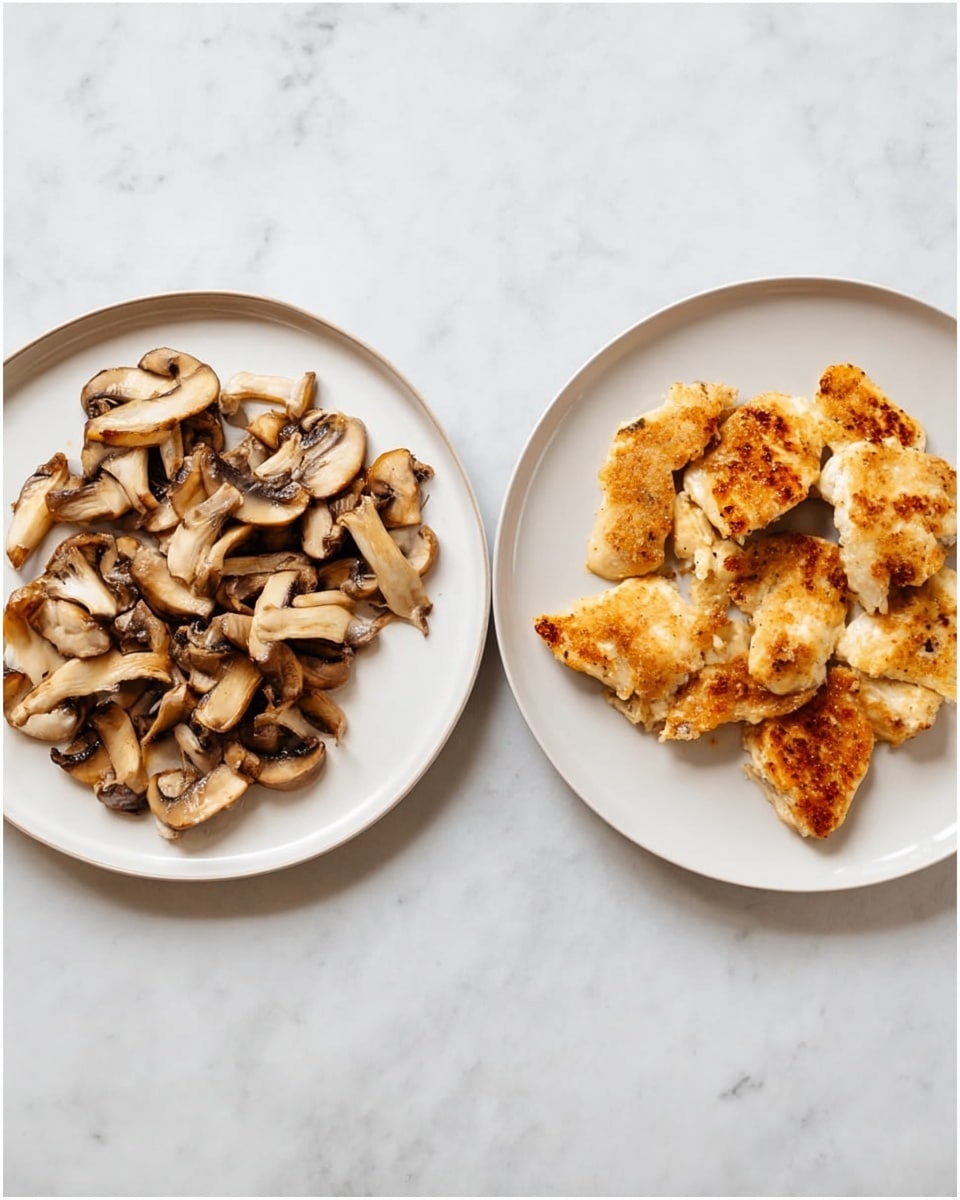 Two white plates are placed on a white marbled texture surface. The left plate holds a single layer of cooked mushroom slices, which are light to dark brown with a slightly glossy texture, spread out evenly across the plate. The right plate contains five golden-brown cooked pieces of food with a crisp texture and slight darker spots from cooking, overlapping slightly and arranged in a casual pile. Both plates have a simple design and are photographed from above. photo taken with an iphone --ar 4:5 --v 7