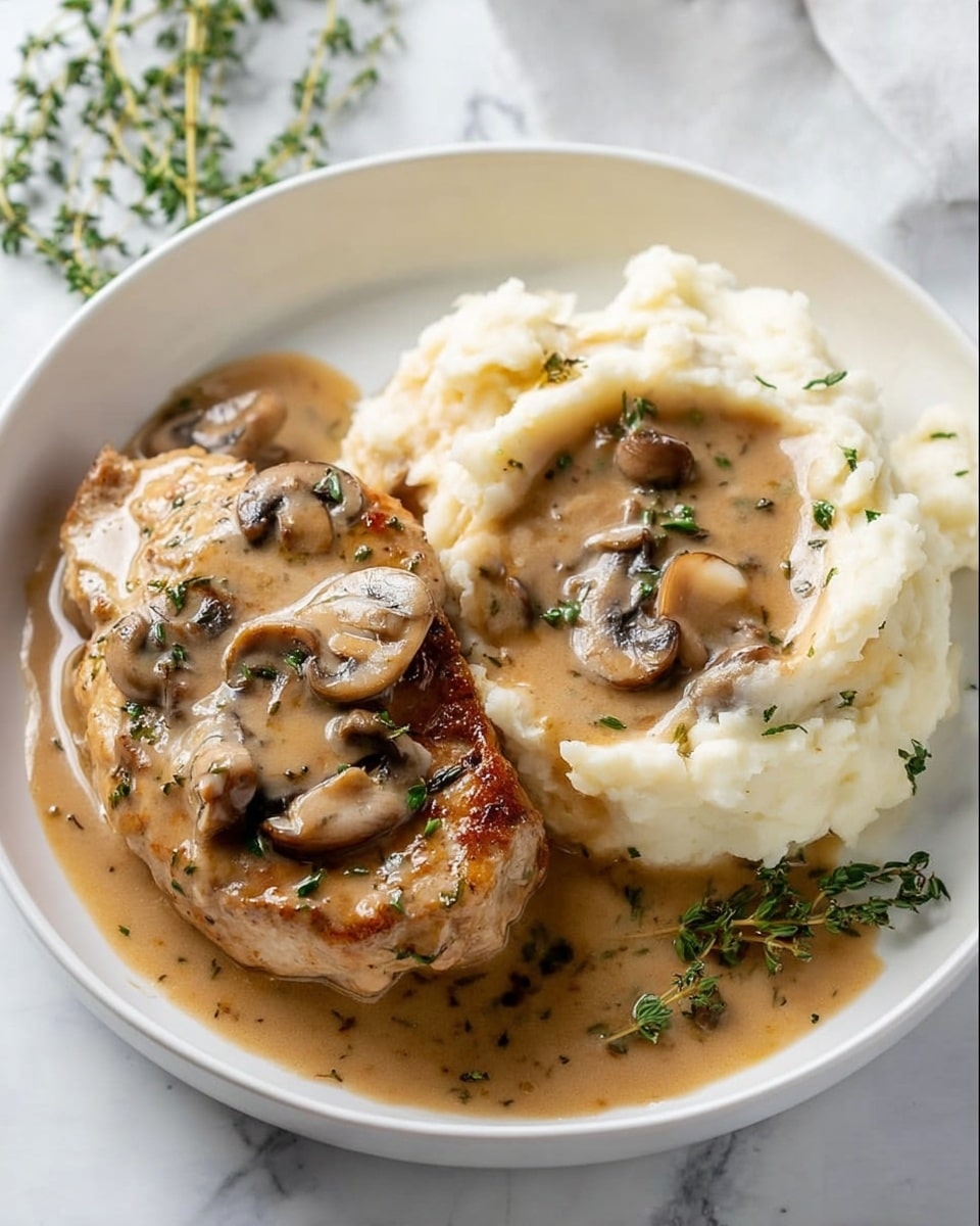 A white plate shows a meal with two main parts. On the left is a cooked piece of meat covered with light brown gravy with small green herbs and sliced mushrooms on top. The meat has a golden-brown seared texture. On the right is a large scoop of smooth mashed potatoes topped with the same light brown gravy and a few mushroom slices. The gravy is creamy and spreads slightly onto the white plate. A few sprigs of fresh green herbs sit next to the mashed potatoes. The entire dish sits on a white marbled surface with some green herbs blurred in the background. The photo taken with an iphone --ar 4:5 --v 7