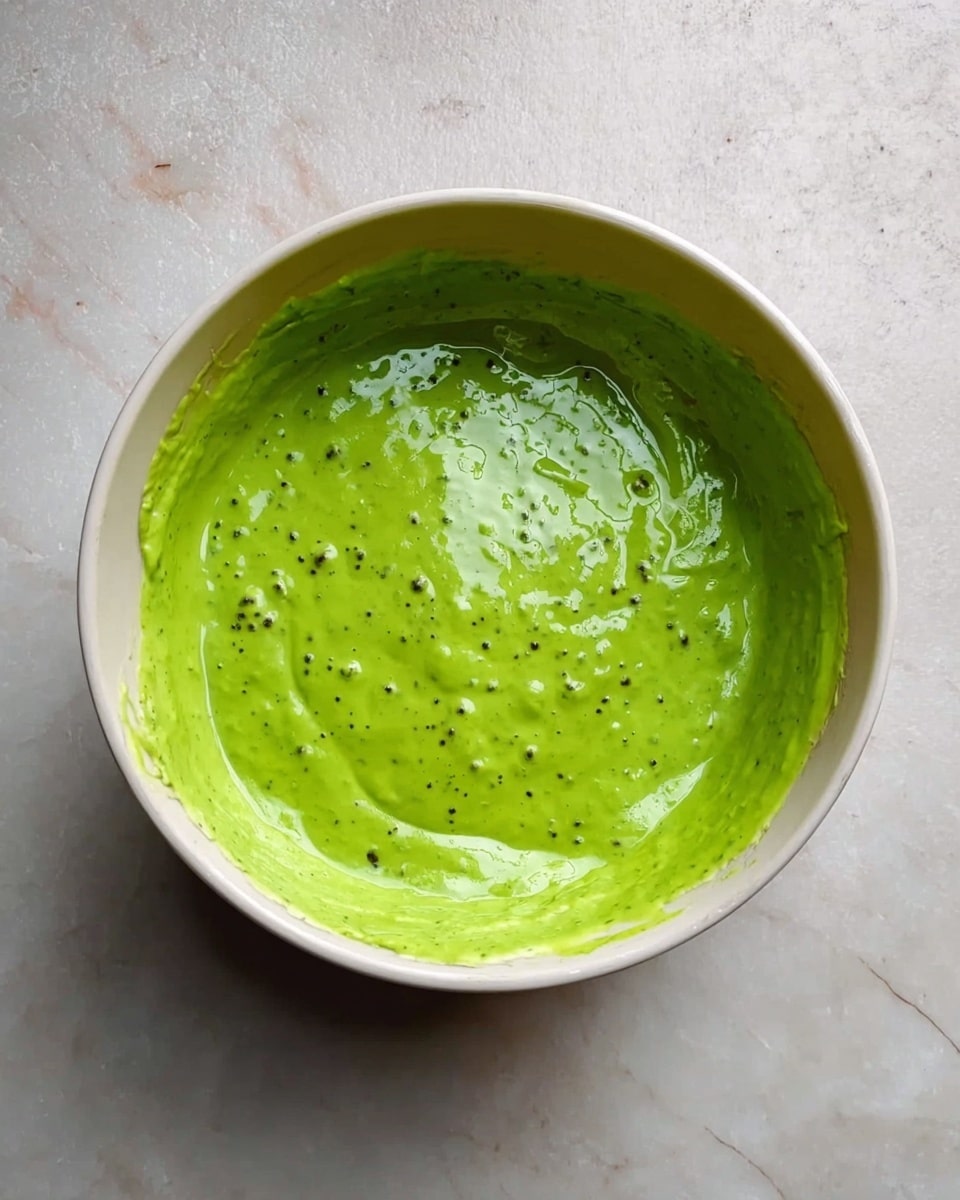A white bowl filled with a thick, bright green sauce that has a creamy texture with small black and green specks scattered throughout. The sauce spreads smoothly inside the bowl, with some residue around the edges. The bowl rests on a white marbled surface that adds a clean and light background to the image. photo taken with an iphone --ar 4:5 --v 7