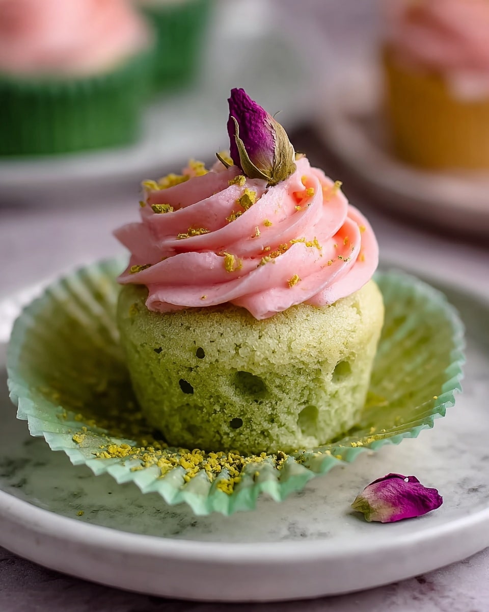 The image shows a cupcake with two layers: the bottom layer is a light green, soft textured cake with small holes, sitting in a green paper liner, and the top layer is a smooth, pink swirled frosting that looks creamy and thick. The frosting is decorated with small yellow bits and a small purple dried rosebud on top. The cupcake is placed on a white plate with a white marbled surface in the background, and there is a small purple flower petal beside the cupcake on the plate. Photo taken with an iphone --ar 4:5 --v 7