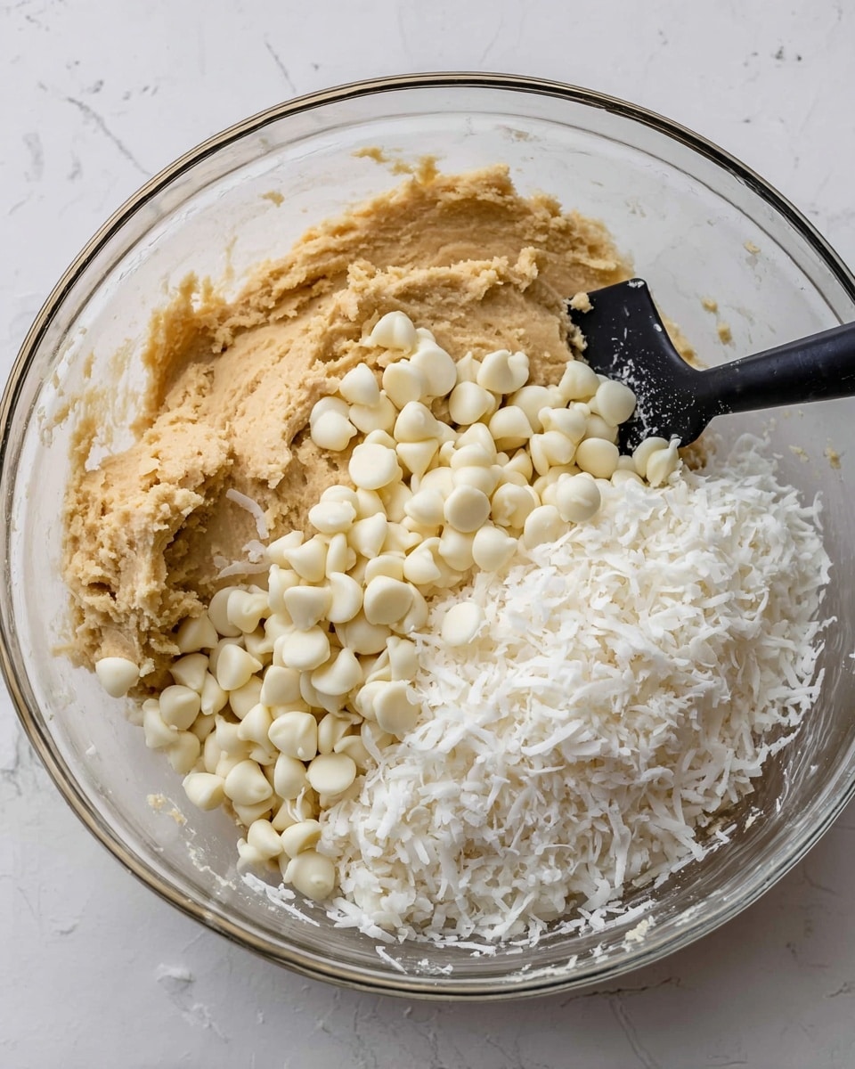 A clear glass bowl holds a mix of three main ingredients sitting side by side. On the left is a creamy, light brown dough with a soft texture. In the middle are many small, smooth white chocolate chips, piled up but still separated. On the right is a large heap of fine, white shredded coconut that looks fluffy. A black spatula is resting inside the bowl, touching the dough on the left side. The bowl is on a white marbled surface. photo taken with an iphone --ar 4:5 --v 7