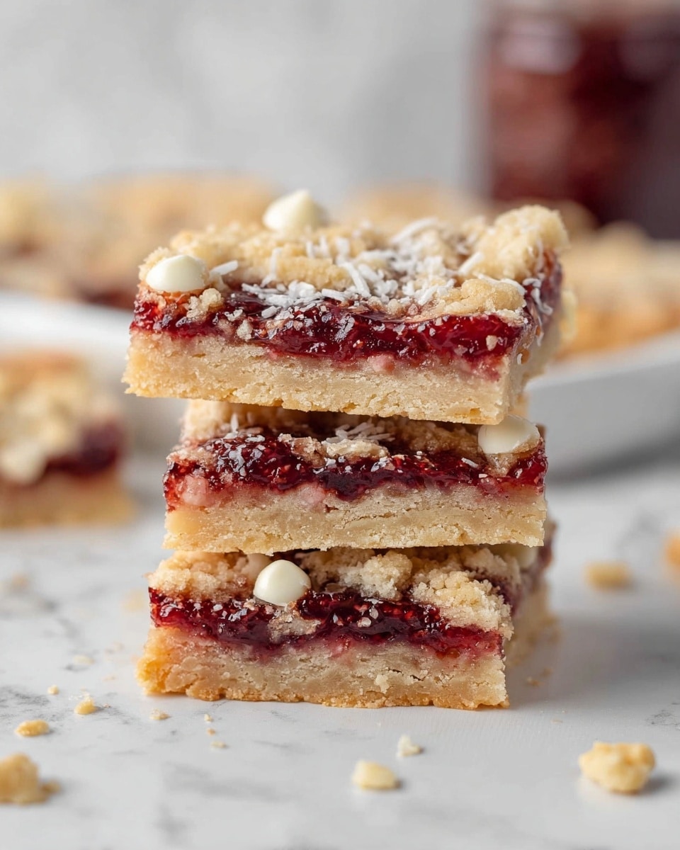 The image shows a stack of three square dessert bars placed on a white marbled surface. Each bar has three visible layers: the bottom and top layers are light golden, crumbly crust with a slightly rough texture. The middle layer is a thick, deep red jam that looks rich and slightly glossy. Small white pieces that resemble nuts or white chocolate dots are scattered on the top crust, along with some shredded light beige elements that look like coconut. The bars have uneven edges and a soft, homemade appearance. In the background, blurred jars and another white dish with more of the same dessert can be seen. photo taken with an iphone --ar 4:5 --v 7
