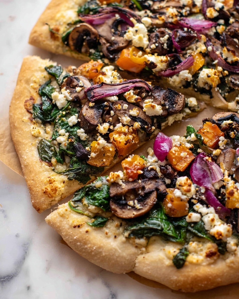 A close-up view of a pizza on a white marbled surface showing three main layers: a thick, golden-brown crust that looks soft and slightly chewy; a middle layer of green spinach leaves spread evenly across the pizza; and a top layer crowded with dark brown sliced mushrooms, small orange cubed pieces (likely roasted vegetables), thin strips of purple-red onion, and crumbled white cheese scattered throughout, all giving a colorful and textured look. The pizza has some slight charring on the edges and toppings, adding a rustic feel. photo taken with an iphone --ar 4:5 --v 7