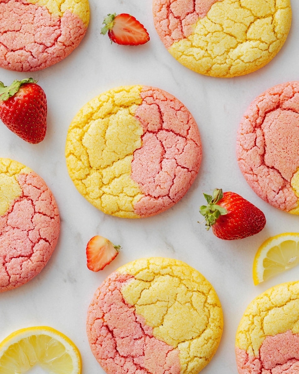 Several round cookies lie on a white marbled surface. Each cookie has two main color layers, with a cracked texture: one half is bright yellow, and the other half is soft pink. There are also some halves of red strawberries with green tops and small yellow lemon slices scattered between the cookies, adding fresh and colorful details to the scene. The image has a bright, clean look, focusing on the vibrant colors of the cookies and fruit. photo taken with an iphone --ar 4:5 --v 7