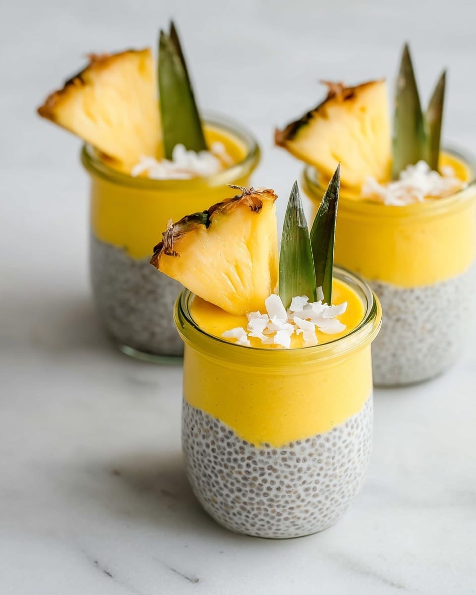 There are three glass jars filled with two layers each, sitting on a white marbled surface. The bottom layer is light gray with black seeds, having a smooth but slightly textured look. The top layer is bright yellow, thick, and smooth. Each jar is topped with a small wedge of pineapple that shows a light yellow fruit with a rough brown and green rind. A green pineapple leaf is stuck into the yellow layer next to each pineapple wedge. Small white coconut flakes are scattered around the jars. Photo taken with an iphone --ar 4:5 --v 7