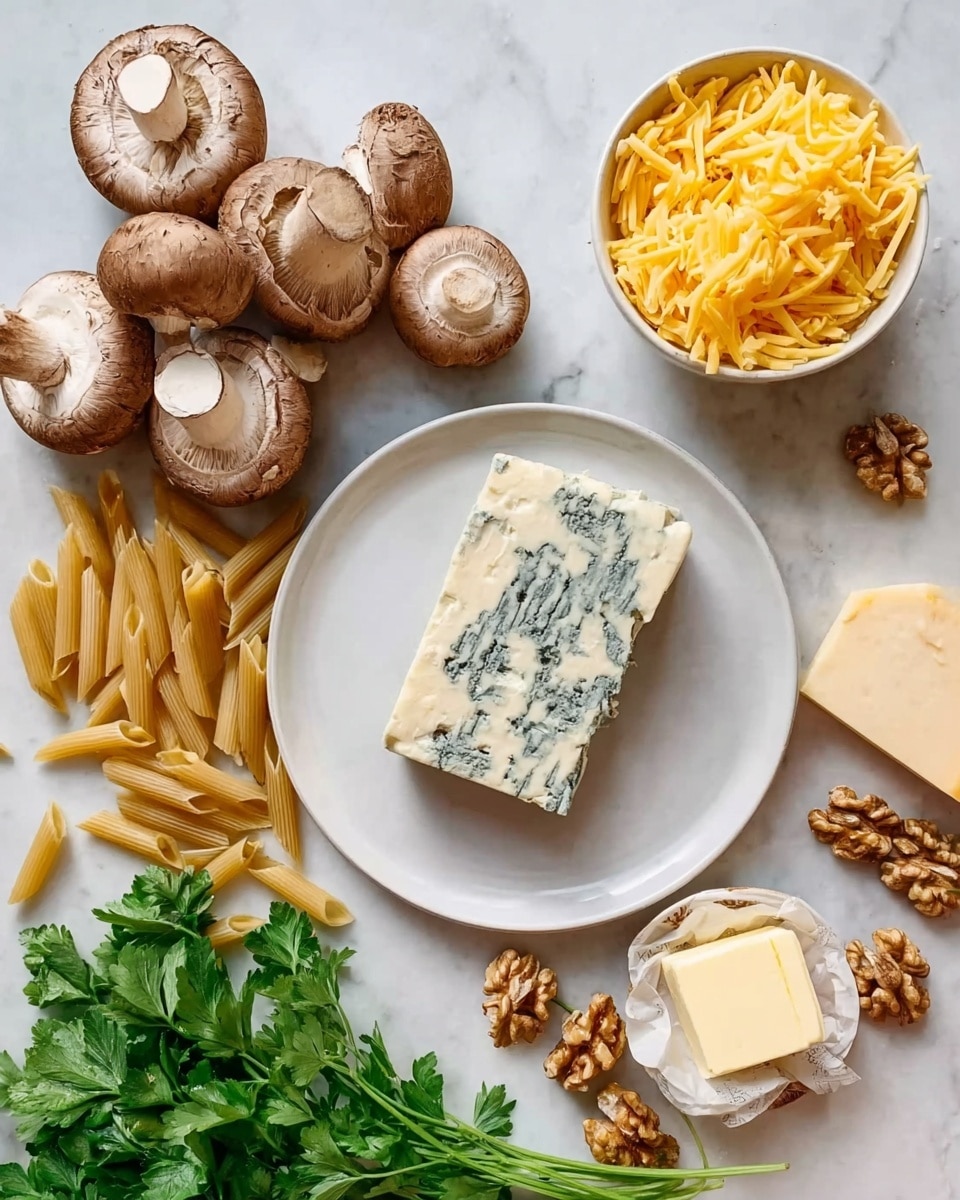 The image shows a white plate in the center with a block of blue cheese that has a creamy texture and blue veins running through it. Around the plate, to the left and above, are whole brown mushrooms with smooth caps, some showing gills underneath. Below the plate and slightly to the left are uncooked penne pasta pieces scattered loosely. To the right of the penne pasta is a small square piece of butter. In the top right corner is a white bowl filled with bright yellow shredded cheese. Below and to the right of the bowl is a bunch of fresh green parsley with walnuts scattered near the pasta. All items are placed on a white marbled surface. Photo taken with an iphone --ar 4:5 --v 7