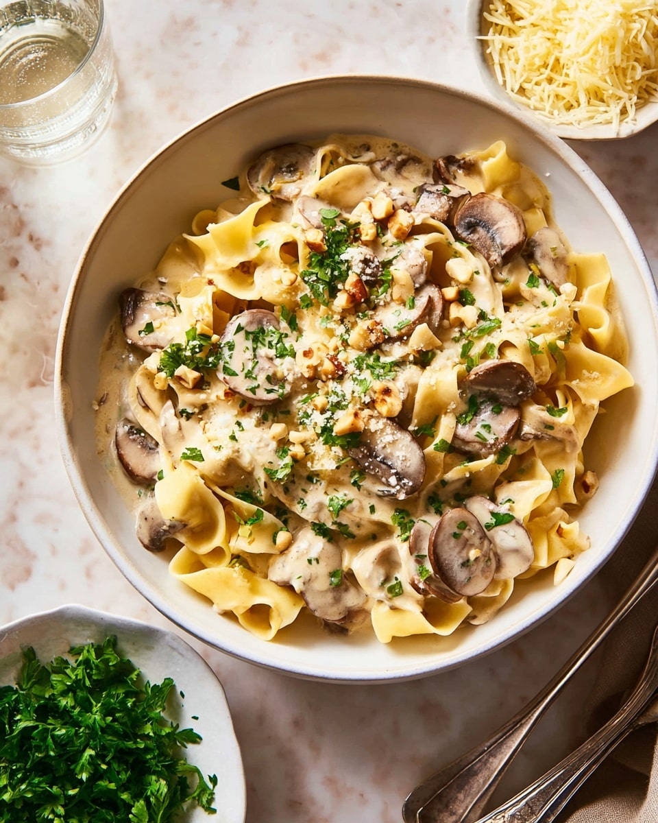 A white bowl filled with wide pasta ribbons covered in a creamy light beige sauce, layered with sliced brown mushrooms throughout. On top, there are scattered pieces of chopped nuts and grated light yellow cheese, sprinkled with finely chopped fresh green herbs. The bowl sits on a white marbled surface with a small white dish of shredded cheese nearby and some green parsley leaves on the side. A silver spoon and fork rest below the bowl, and a glass of water is partly visible in the top left corner. Photo taken with an iphone --ar 4:5 --v 7