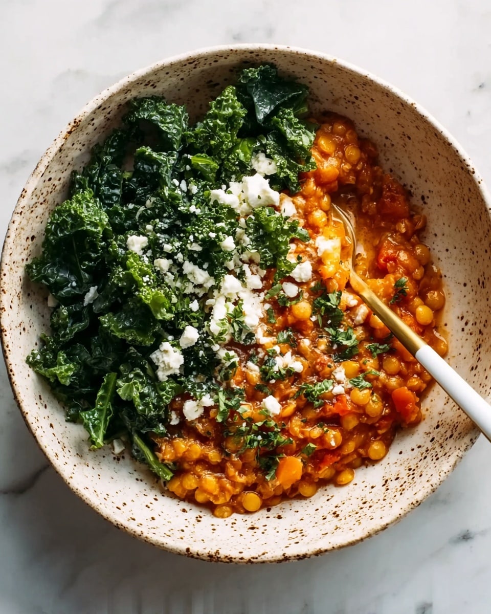 The image shows a white bowl with speckled brown spots, filled with a warm dish of three main layers. One side holds a bright green layer of cooked kale leaves with a slightly rough texture. Next to it is a layer of orange-red lentil stew with small round white beans mixed throughout, giving it a chunky texture. On top of the lentil stew, there is a sprinkle of soft white cheese crumbles and some finely chopped green herbs. A gold spoon with a white handle rests in the bowl, partially buried in the lentils. The bowl is placed on a white marbled surface. photo taken with an iphone --ar 4:5 --v 7