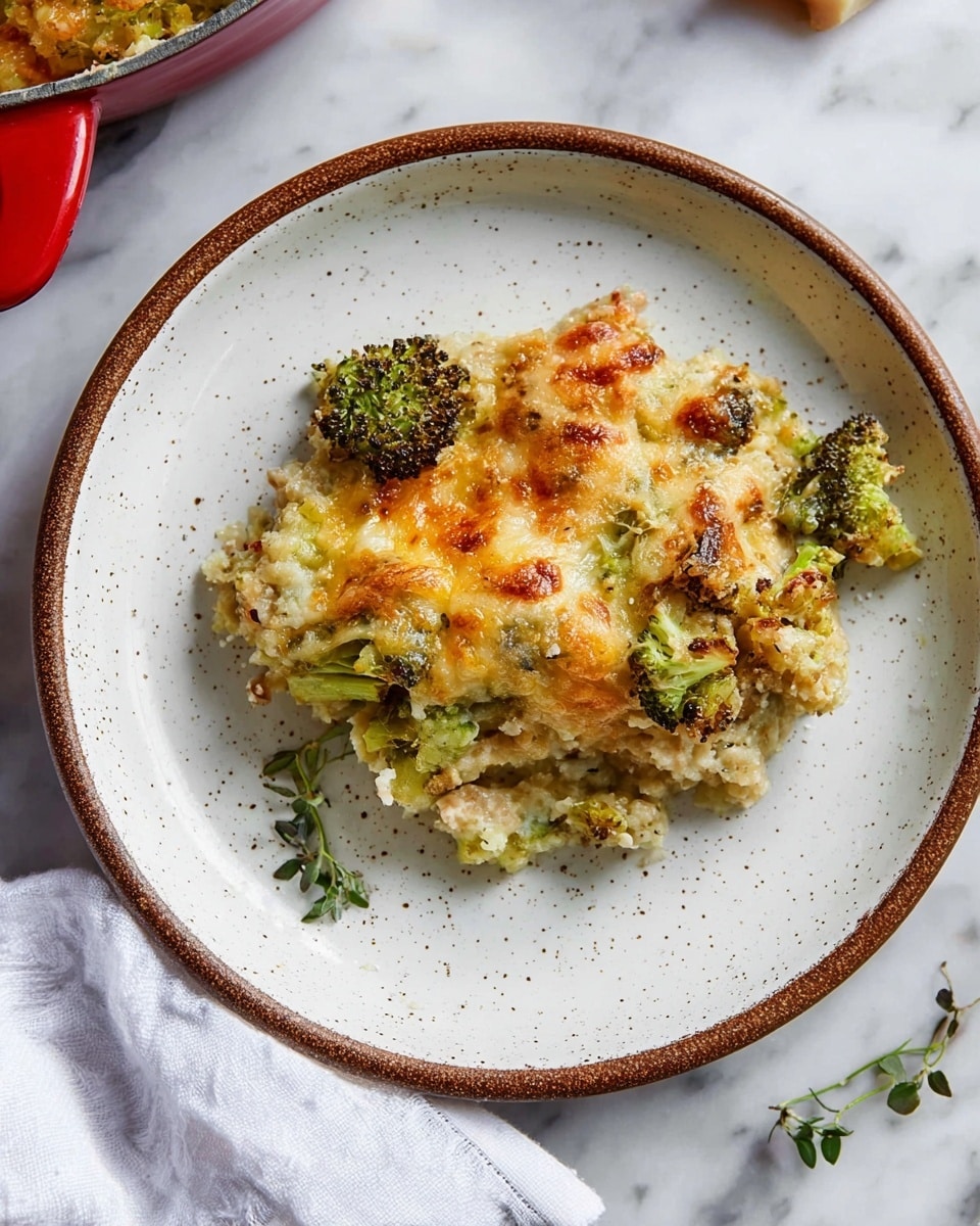 The dish is served on a white speckled plate with a brown rim, placed on a white marbled surface. It has three visible layers: the bottom layer is light and grainy, likely a soft cooked grain, the middle layer shows small green broccoli florets scattered throughout, and the top layer is a golden-brown melted cheese with spots of darker browning, giving it a crispy texture. A small green herb sprig lies on top, adding a fresh contrast. The plate is partially covered by a white cloth in the corner, with a red handle of a cooking pot visible nearby. Photo taken with an iphone --ar 4:5 --v 7
