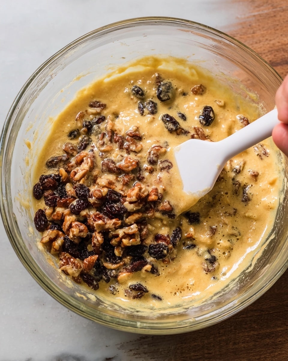 A clear glass bowl shows a thick yellow batter mixed with dark brown raisins and chopped light brown nuts, mainly clustered on the right side. A white spatula is partially visible inside the bowl, scooping the mixture, with a woman's hand holding it just out of frame. The bowl sits on a white marbled surface, and the batter has a slightly bubbly, foamy texture on top where it’s mixed with the nuts. Photo taken with an iphone --ar 4:5 --v 7