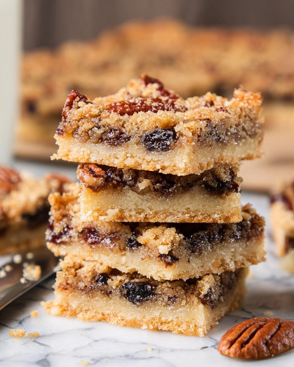 The image shows a stack of four dessert bars placed closely together on a white marbled surface. Each bar has two layers: the bottom layer is a pale golden-brown, crumbly crust that looks soft but firm, while the top layer is a textured, nutty mix of chopped pecans and dark dried fruits spread evenly, with a slightly shiny and sticky appearance. The edges of the bars are clean and square, and some loose pieces of pecans are scattered nearby. The background is blurred but shows more bars and a knife. Photo taken with an iphone --ar 4:5 --v 7