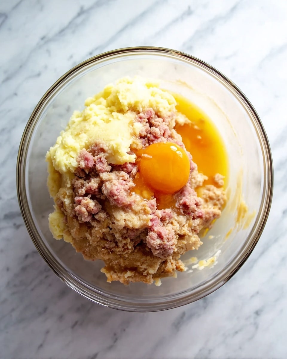 A clear glass bowl sits on a white marbled surface filled with several layers of ingredients. At the bottom, there is an orange egg yolk visible along with light yellow mashed potatoes on top. Pink ground meat forms a thick layer covering a large part of the bowl. There are drizzles of light brown sauce spread over the mashed potatoes. The textures are soft and slightly chunky, with the colors contrasting clearly inside the transparent bowl. Photo taken with an iphone --ar 4:5 --v 7
