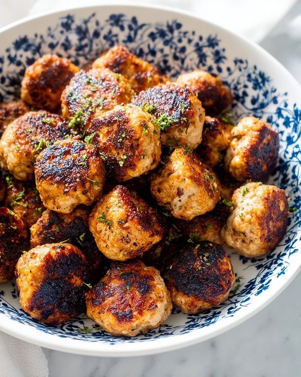 The image shows a white bowl with blue floral patterns filled with many small golden-brown meatballs, some with darker charred spots. Each meatball is round and has a slightly rough, textured surface. The meatballs are sprinkled with small, green dried herb flakes, adding a touch of color contrast. The bowl sits on a white marbled surface, and the lighting highlights the browned, crispy parts of the meatballs, giving them a freshly cooked and appetizing look. photo taken with an iphone --ar 4:5 --v 7