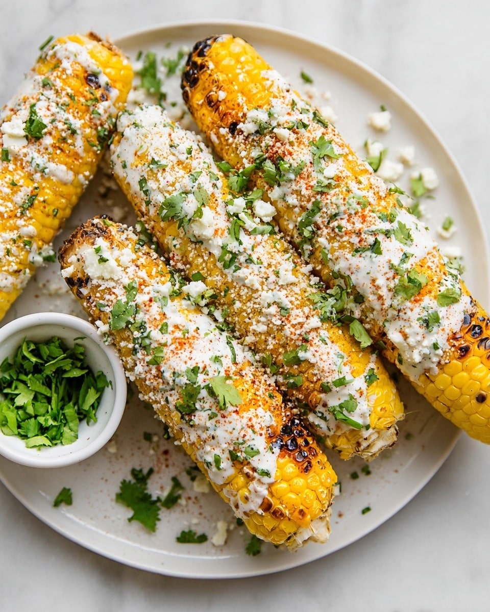 Four grilled corn on the cob pieces with yellow and slightly charred kernels are placed on a white plate on a white marbled surface. Each corn is covered with a creamy white sauce mixed with green herbs. The sauce is sprinkled with small white cheese crumbles and a light red powder. Fresh green cilantro is scattered over the corn and sauce, adding a splash of color. A small white bowl filled with chopped green herbs and white cheese sits to the side. The image shows close details of the sauce texture, herb pieces, and corn kernels photo taken with an iphone --ar 4:5 --v 7