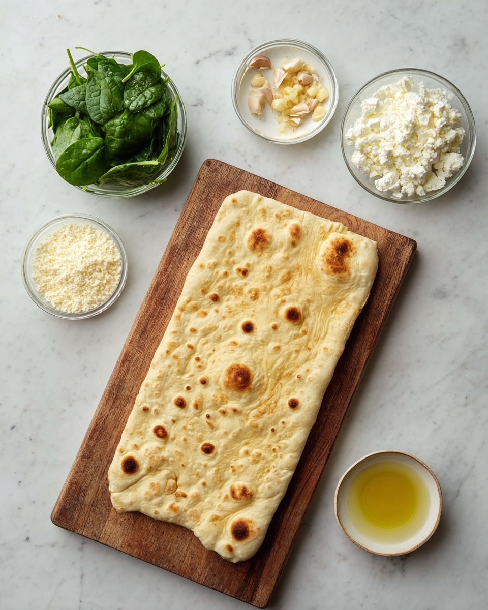 The image shows a flat, rectangular bread with light golden brown spots and small dimples on the surface, placed on a wooden board. Surrounding the bread are five small clear glass or white plates and bowls holding ingredients. One bowl has bright green fresh spinach leaves, another has a white creamy soft cheese, and a white plate holds crumbly white cheese. There is a small cup with minced garlic and another glass bowl filled with pale yellow olive oil. All items are arranged on a white marbled surface. photo taken with an iphone --ar 4:5 --v 7