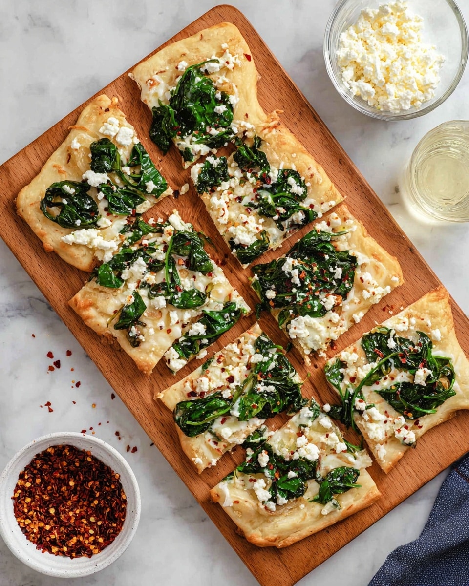 A rectangular flatbread pizza is sliced into eight pieces and placed on a wooden board. The base is light golden, topped with creamy white cheese spread evenly across the surface. Bright green cooked spinach leaves are scattered on top, along with small bits of soft white cheese. Thin slices of pale onions are spread throughout, and small red chili flakes are lightly sprinkled over everything. Surrounding the board are a small white bowl filled with red chili flakes and a clear bowl with extra white cheese crumbles, all set on a white marbled background. Photo taken with an iphone --ar 4:5 --v 7