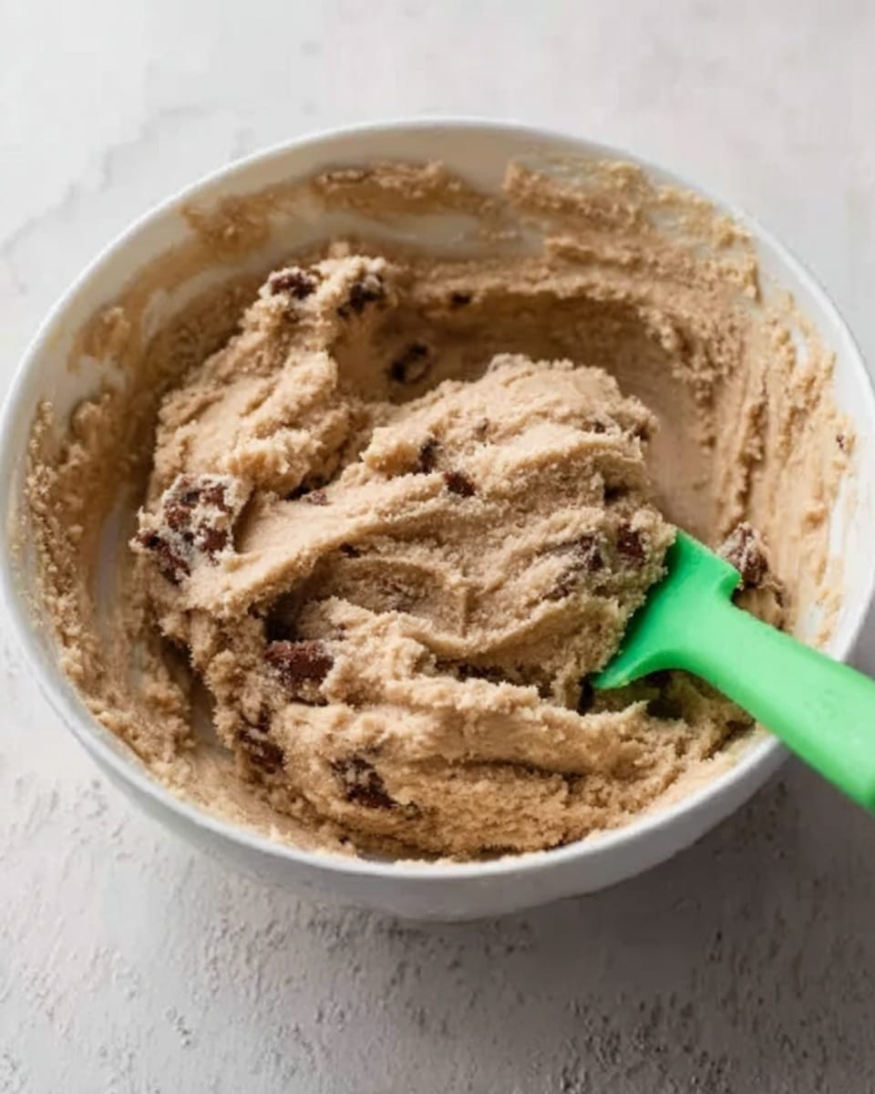 A white bowl filled with light brown cookie dough that has a soft and slightly lumpy texture. A green spatula is partially inside the dough, resting against the side of the bowl, which sits on a white marbled surface. The dough has a mix of darker brown spots evenly spread throughout, and the inside edge of the bowl shows some dough smudges. Photo taken with an iphone --ar 4:5 --v 7