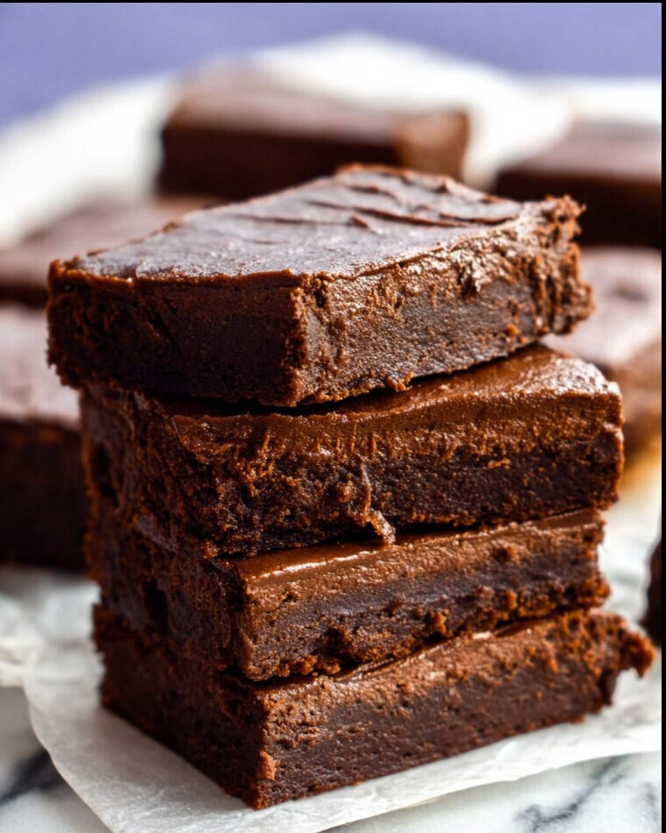 The image shows a stack of four thick, rectangular chocolate brownies, each layer rich and dark brown with a smooth, slightly shiny chocolate frosting on top. The brownies have a dense, moist texture visible on the sides, with some small cracks and uneven edges showing the homemade feel. The stack is placed on a piece of parchment paper, with some more brownies in the background, all set on a white marbled surface. The photo taken with an iphone --ar 4:5 --v 7