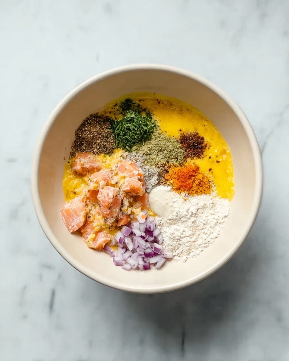 A white bowl filled with several separate ingredients arranged in sections inside it. Starting from the left, there is a bright yellow layer of beaten eggs, followed by chopped salmon pieces in a pale pink color at the bottom. On the right side is a white powdery layer, possibly flour or breadcrumbs. There are small piles of mixed green herbs on the top left and bright orange zest near the center. Additionally, diced red onions with a purple hue sit near the center-bottom, while a creamy white dollop of sauce is on the upper middle layer. There are also dark brown and black spices sprinkled lightly on top, creating a mix of colors. The bowl is placed on a white marbled surface. Photo taken with an iphone --ar 4:5 --v 7