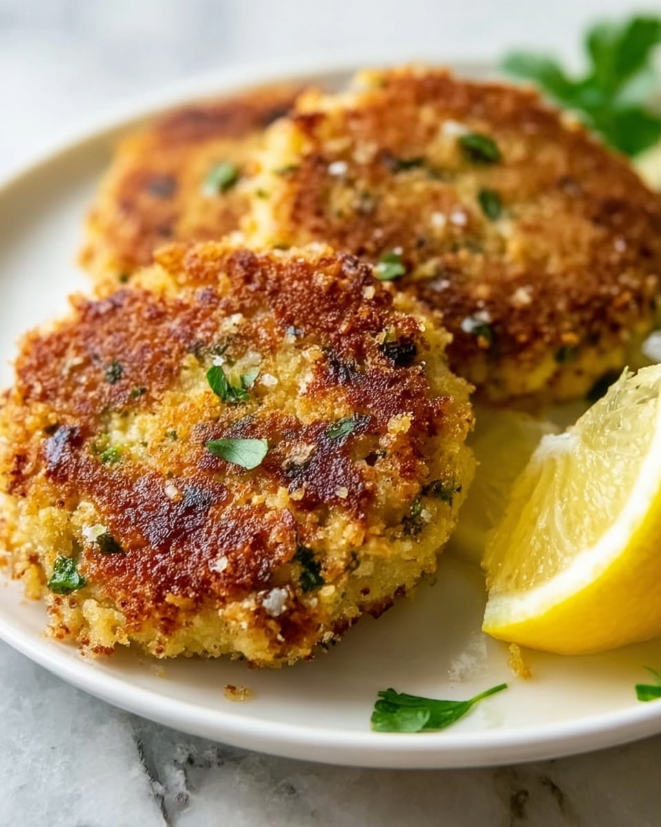 The image shows a close-up of two round, golden-brown patties with a crispy texture on a white plate. The patties have a rough, crunchy surface with small bits of herbs sprinkled on top, giving a touch of green color. Next to the patties is a bright yellow lemon wedge with a smooth texture, and a few small green herb leaves are scattered nearby. The background is a white marbled surface. Photo taken with an iphone --ar 4:5 --v 7